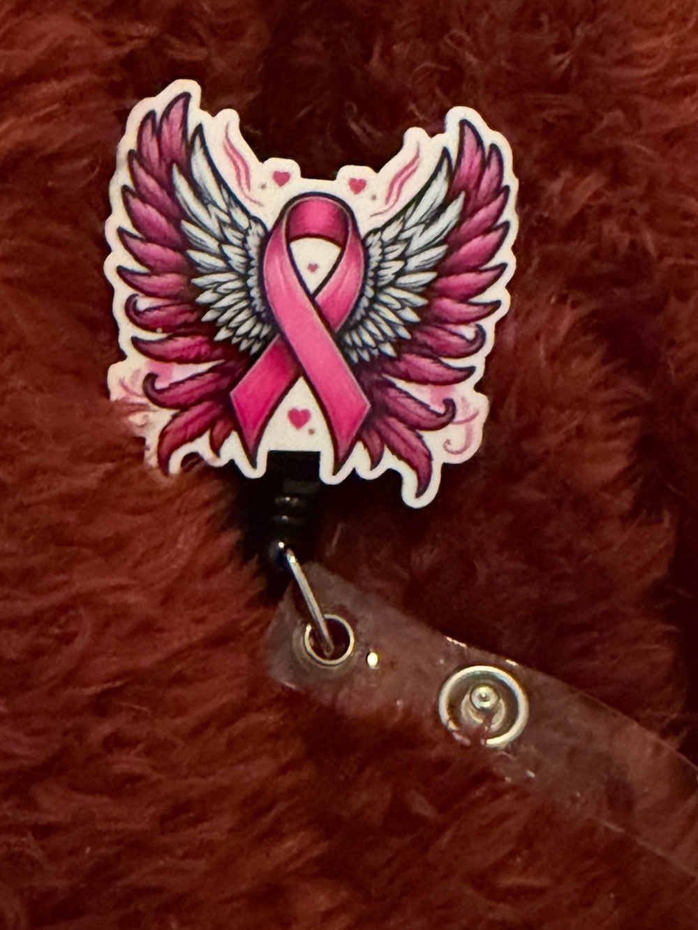 Pink Ribbon Wing Charm Badge Reel - Women Jewelry